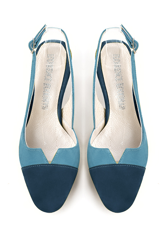 Peacock blue women's slingback shoes. Round toe. Medium comma heels. Top view - Florence KOOIJMAN